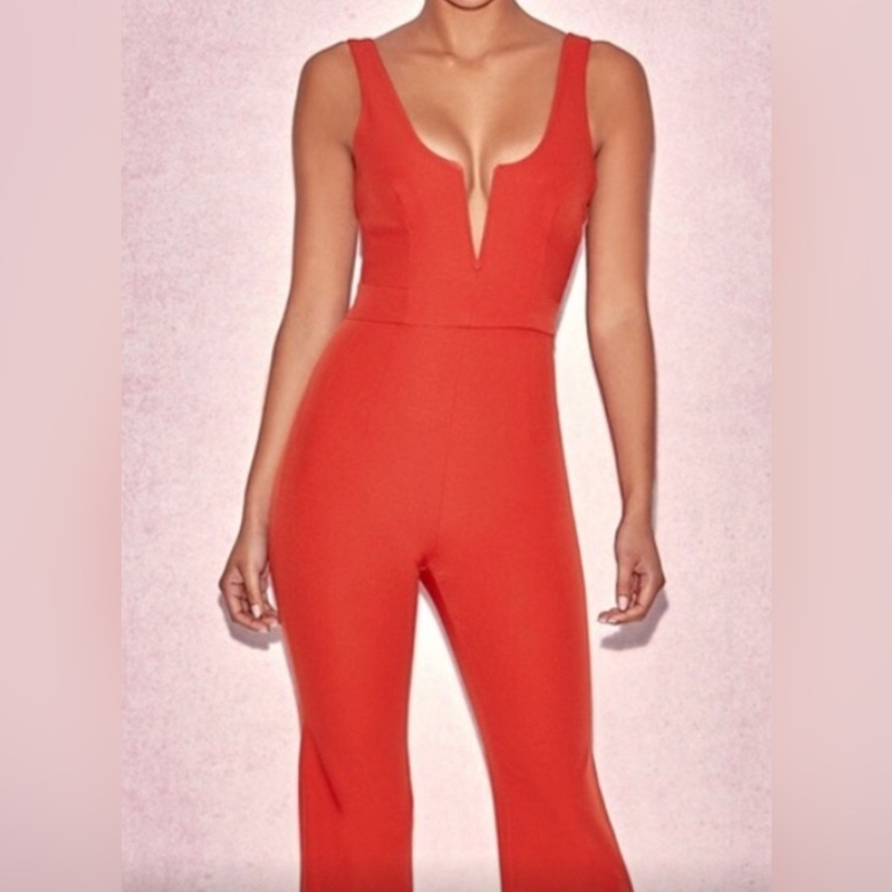 House Of CB Red Orange Plunge Neckline Natalja Jumpsuit Size L